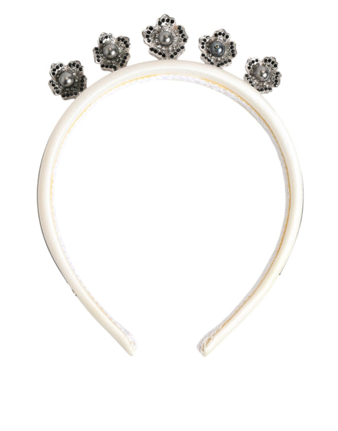 Dolce & Gabbana White Satin Palladium Silver Floral Crown Tiara Headband